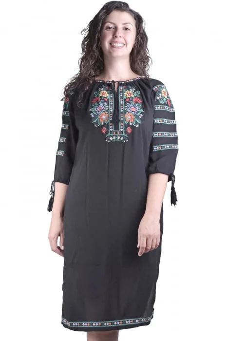Rochie traditionala midi neagra cu motiv floral multicolor Stela