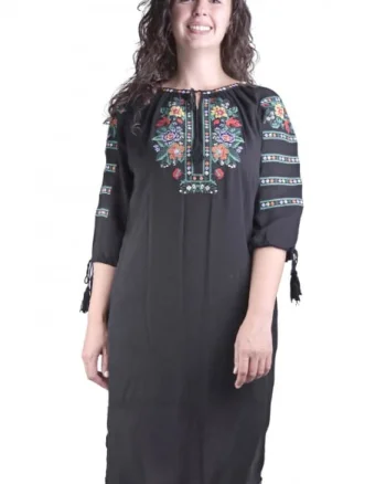 Rochie traditionala midi neagra cu motiv floral multicolor Stela