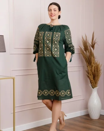Rochie traditionala midi verde cu motiv geometric crem Stefania