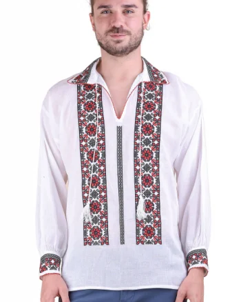 Camasa barbateasca traditionala alba cu motiv floral rosu Gabriel 01