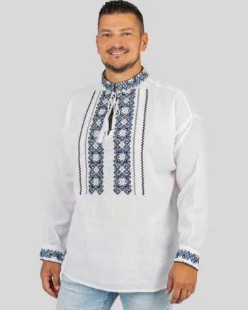 Camasa barbateasca traditionala alba cu motiv geometric albastru Luca 01