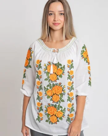 Ie traditionala alba cu motiv floral galben Alina 02