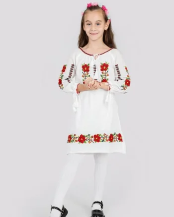 Rochie traditionala alba pentru fetite cu motiv floral rosu Antonia
