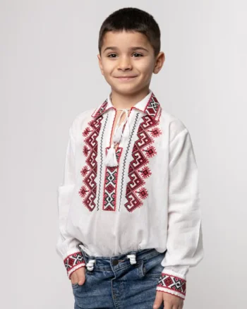 Camasa traditionala de baieti alba cu motiv geometric rosu Alexandru 02