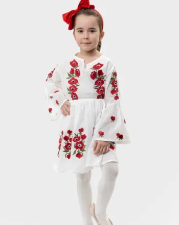 Rochie traditionala alba pentru fetite cu motiv floral rosu Iulia