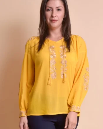 Bluza galbena cu motiv floral auriu Iasmina 07 - maneca lunga