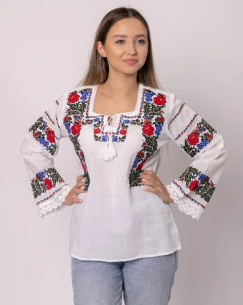 Bluza alba cu motiv floral multicolor Clarisa - maneca lunga