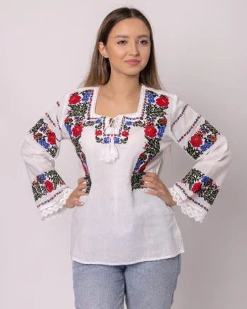 Bluza alba cu motiv floral multicolor Clarisa - maneca lunga
