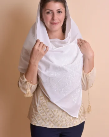Marama traditionala alba cu broderie geometrica alba Bianca