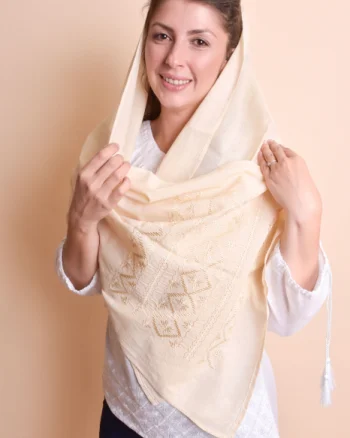 Marama traditionala crem cu broderie geometrica aurie Emilia