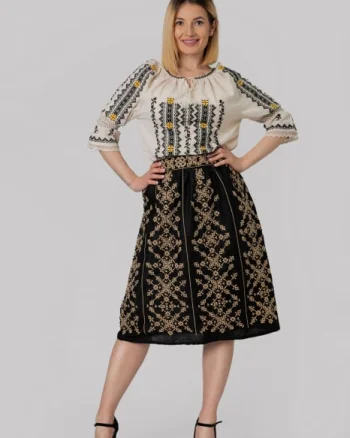 Fusta traditionala neagra cu broderie geometrica crem Elisabeta