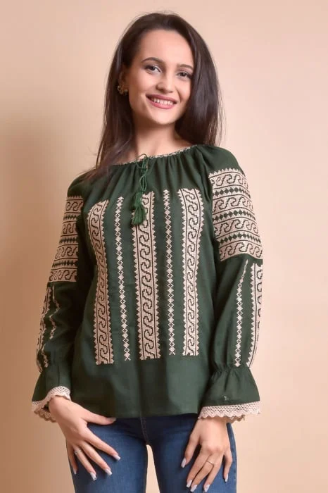 Bluza verde cu motiv geometric crem Anca - maneca lunga