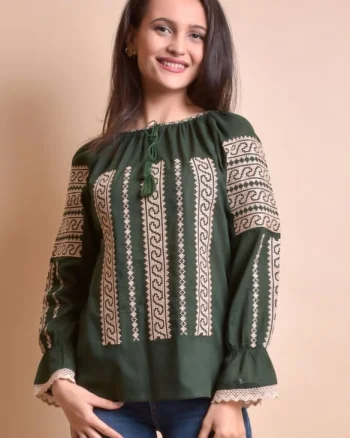 Bluza verde cu motiv geometric crem Anca - maneca lunga