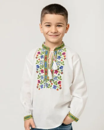Camasa traditionala de baieti alba cu motiv floral multicolor Cezar