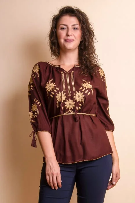 Bluza maro cu motiv floral auriu Aliona 03