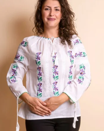 Ie traditionala alba cu motiv floral mov Brandusa - maneca lunga