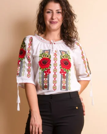 Ie traditionala alba cu motiv floral rosu Anca