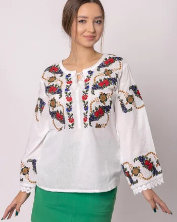 Bluza alba cu motiv floral multicolor Afrodita 01 - maneca lunga