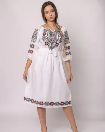 Rochie traditionala midi alba cu motiv floral multicolor Emanuela