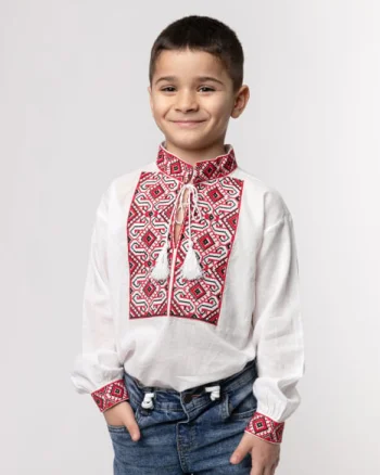 Camasa traditionala de baieti alba cu motiv geometric rosu Fabian 01