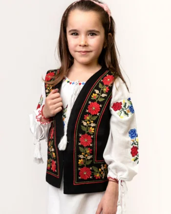 Vesta traditionala neagra pentru fetite cu broderie florala rosie Sonia 01