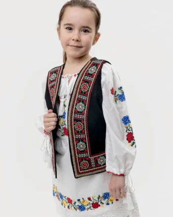 Vesta traditionala neagra pentru fetite cu broderie florala multicolora Emanuela