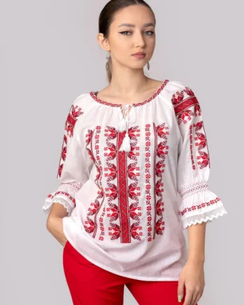 Ie traditionala alba cu motiv geometric rosu Despina 02