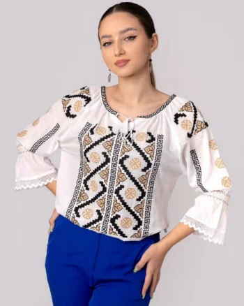 Ie traditionala alba cu motiv geometric multicolor Malvina 02