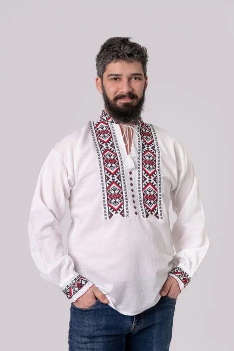 Camasa barbateasca traditionala alba cu motiv geometric rosu Carol 01