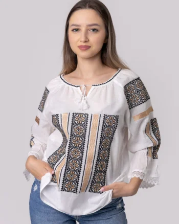 Ie traditionala alba cu motiv geometric auriu Draga 01