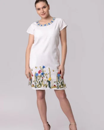 Rochie midi alba cu motiv floral multicolor Tatiana