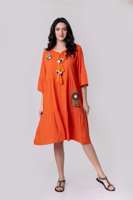 Rochie orange boho chic cu volane si maneci largi