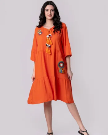 Rochie orange boho chic cu volane si maneci largi