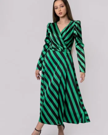 Rochie eleganta cu dungi verzi si negre si aspect petrecut