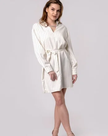 Rochie alba tip camasa cu cordon in talie