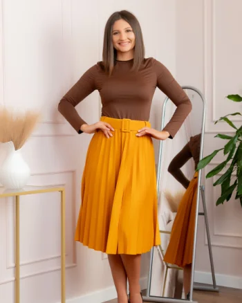 Fusta office plisata Ruby cu centura in talie - Galben mustar