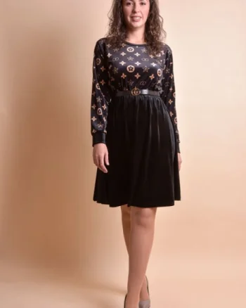 Rochie din catifea neagra cu imprimeu crem si curea in talie
