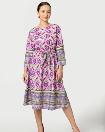 Rochie office lila cu imprimeuri mandala si cordon in talie