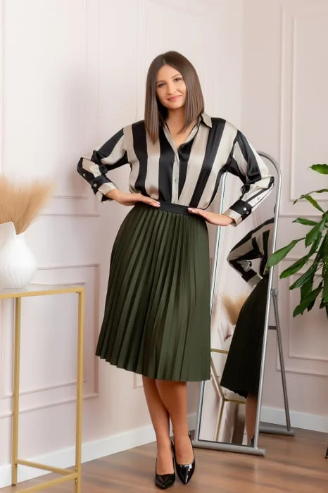 Fusta plisata Luna cu elastic in talie - Kaki