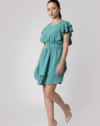 Rochie verde mint cu volane si centura in talie