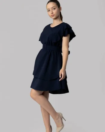 Rochie bleumarin cu volane si centura in talie