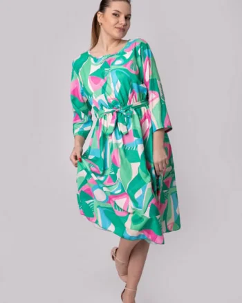 Rochie office verde cu imprimeuri geometrice roz si cordon in talie