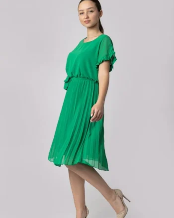 Rochie plisata verde smarald cu cordon in talie
