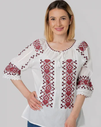 Ie traditionala alba cu motiv geometric rosu Xenia