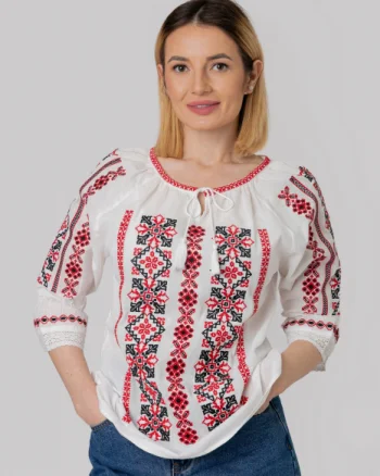 Ie traditionala alba cu motiv geometric rosu Sara 01