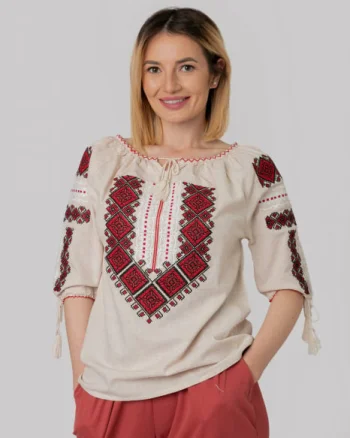 Ie traditionala crem cu motiv geometric rosu Amina