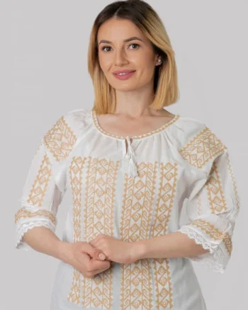 Ie traditionala alba cu motiv geometric crem Samira 01