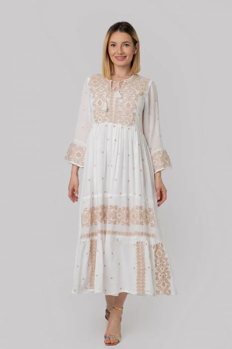 Rochie traditionala alba cu motiv geometric crem Virginia 01