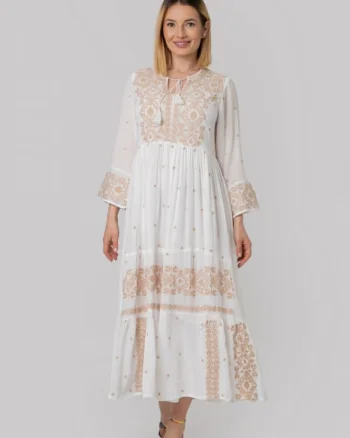 Rochie traditionala alba cu motiv geometric crem Virginia 01