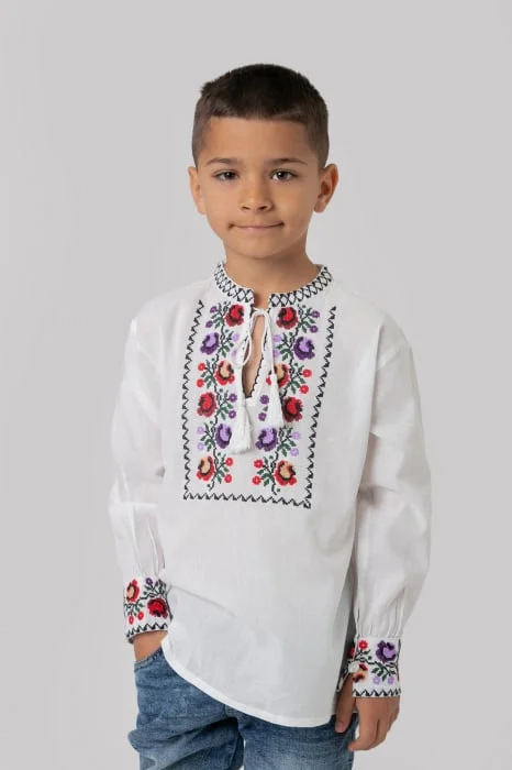Camasa traditionala de baieti alba cu motiv floral multicolor Marc